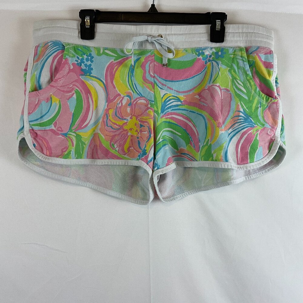 Lilly Pulitzer Chrissy Beach Shorts XL White Pink Green Blue Yellow Floral